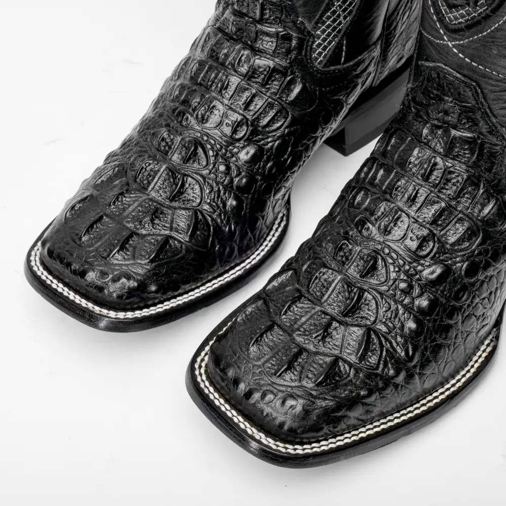 Black Caiman Neck Leather Boots - Square Toe