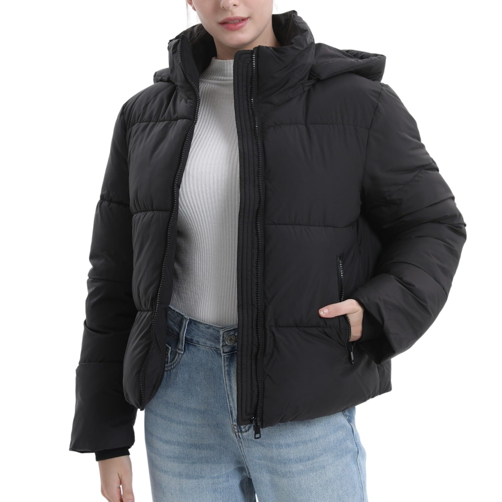 WarmCore Premium Short Puffer Jackets with Removable Hood & Optional Faux Fur Linging, Lady Casual Outerwear Longsleeves Zip Pockets Warm Quilted Coat