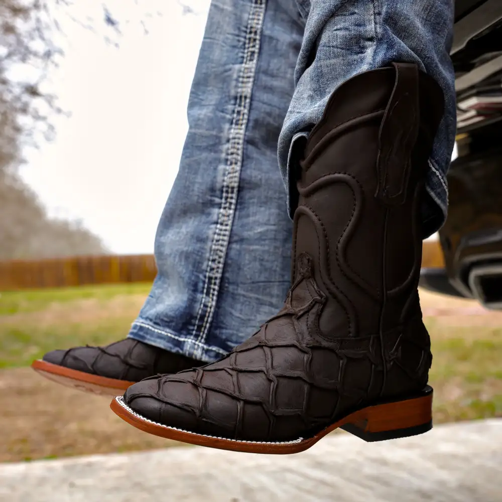 Matte Brown Pirarucu Leather Boots - Square Toe