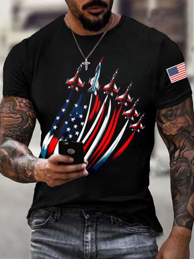 Men'S Classic Short Sleeved T-Shirt With American Flag Print