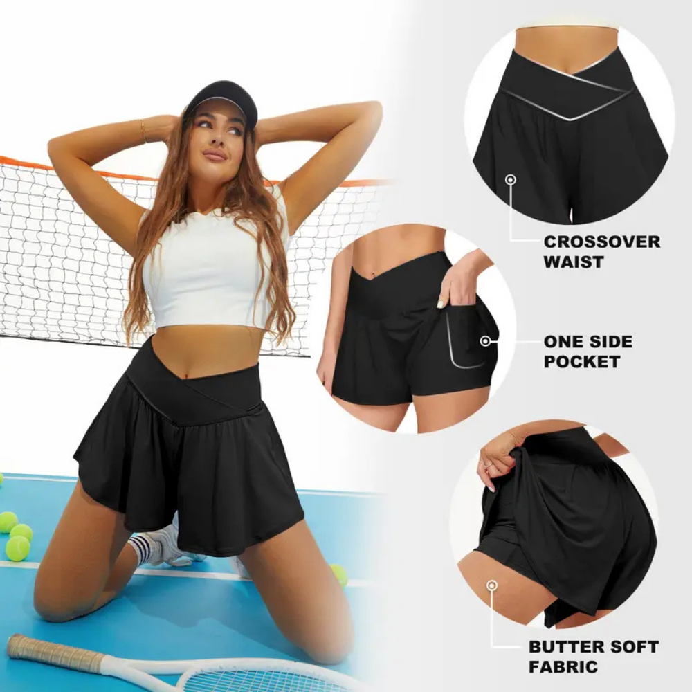 Crossover Athletic Shorts for Women 2 in 1 Flowy Running Shorts with Pockets
