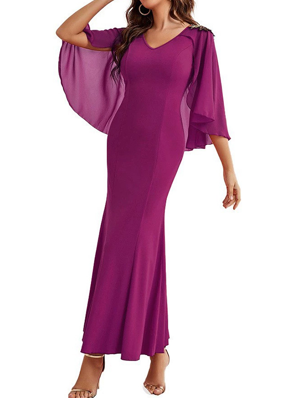 Gauze Solid Color Split-Joint Zipper Batwing Sleeves Bodycon V-Neck Maxi Dresses