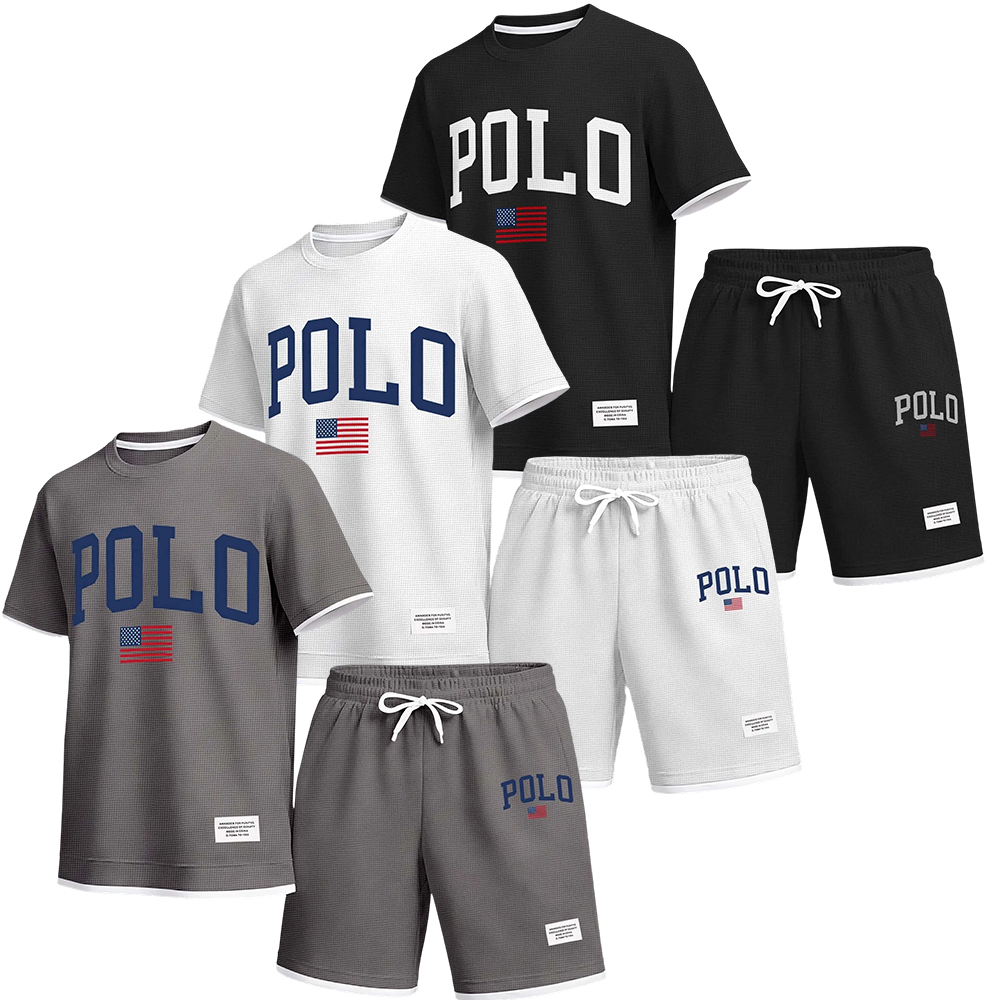 Men's Polo Print Drawstring Shorts Set For Spring/Summer