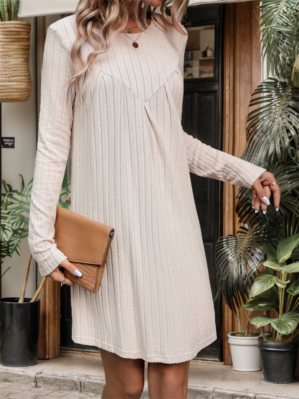 New Style Brushed Striped Knitted Skirt Long Sleeve Pleated Patchwork Dress