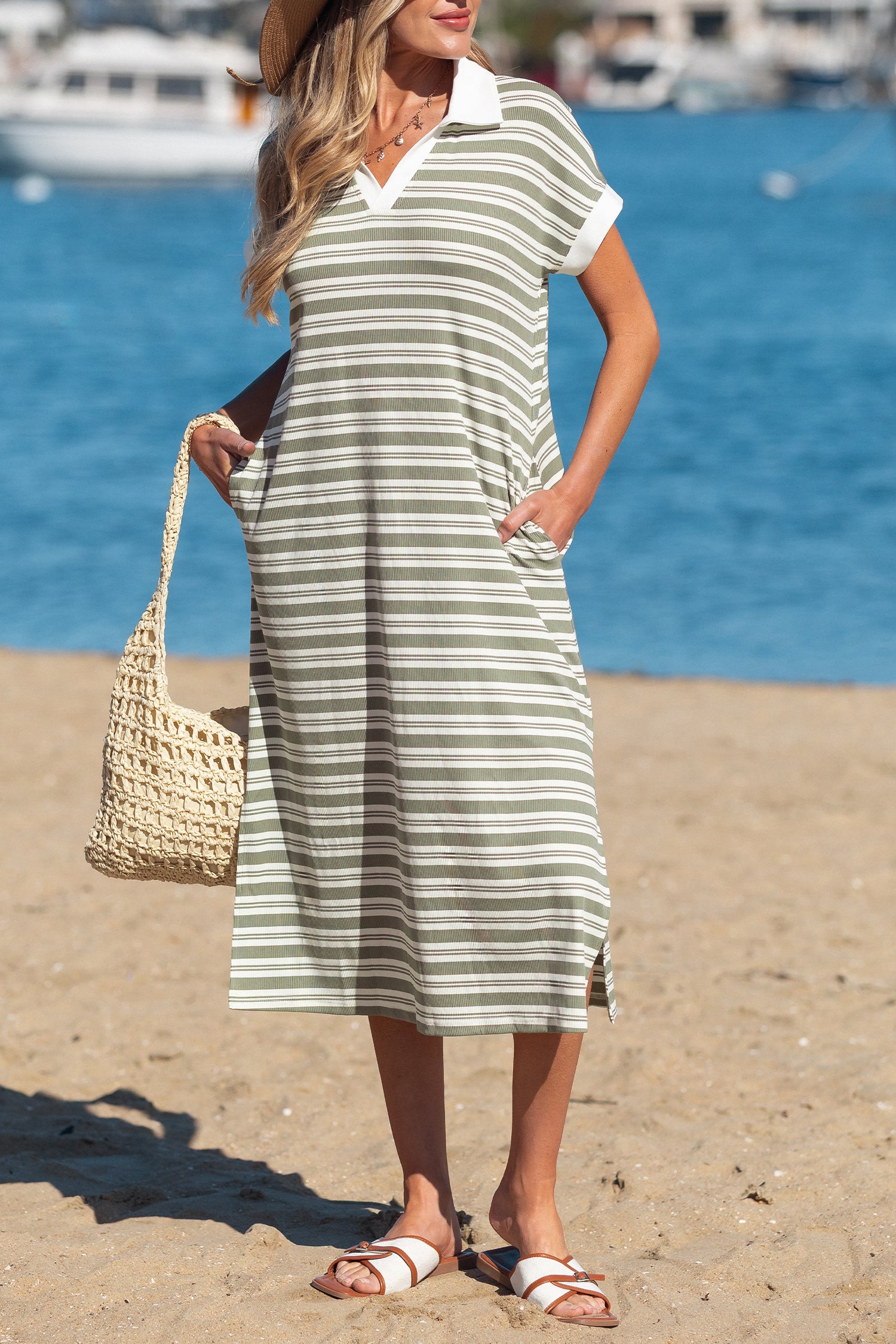 Green Stripe Collared V Neck Short Sleeve T Shirt Midi Dress with Pockets