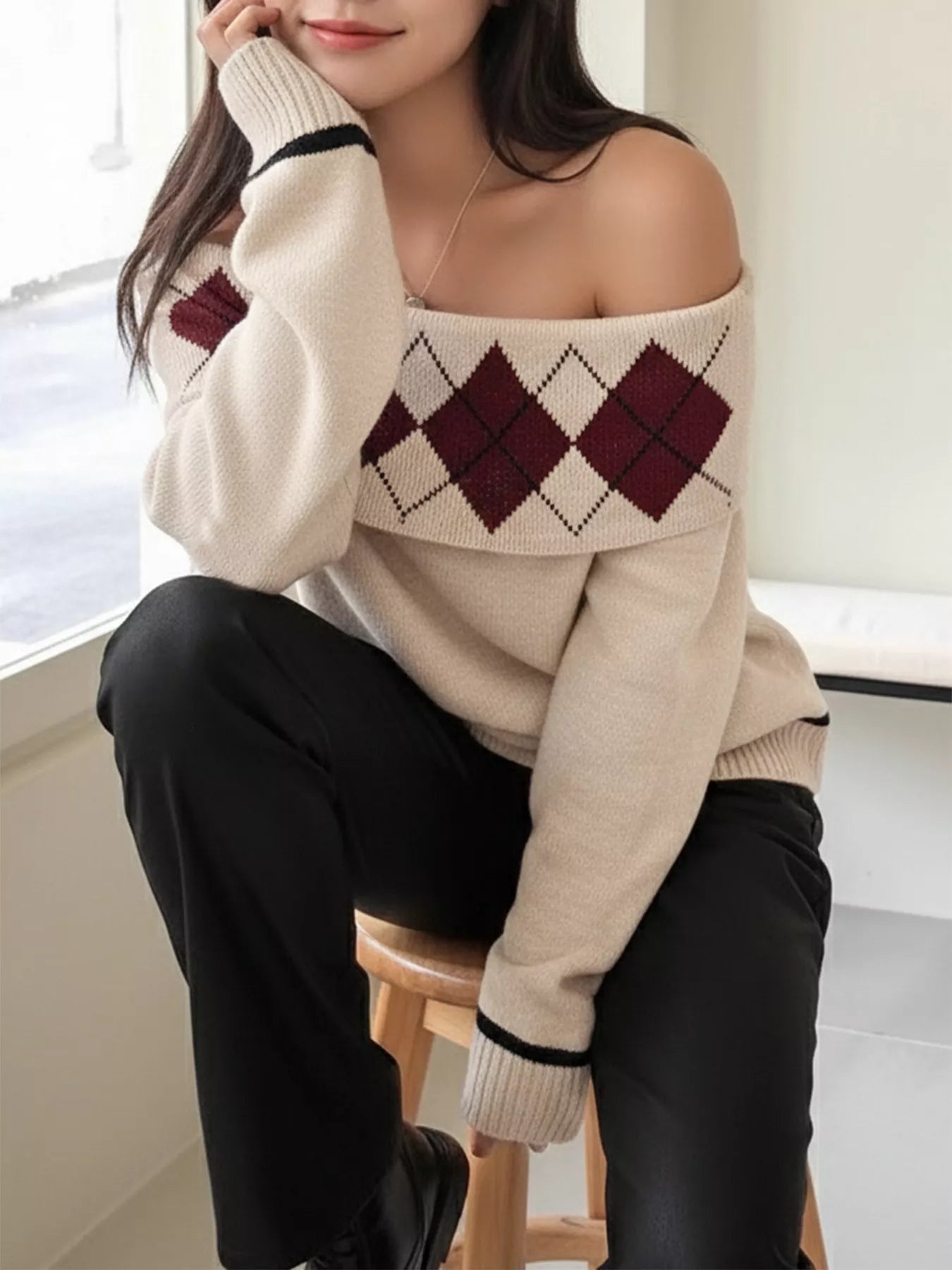 Off-Shoulder Argyle Pattern Sweater