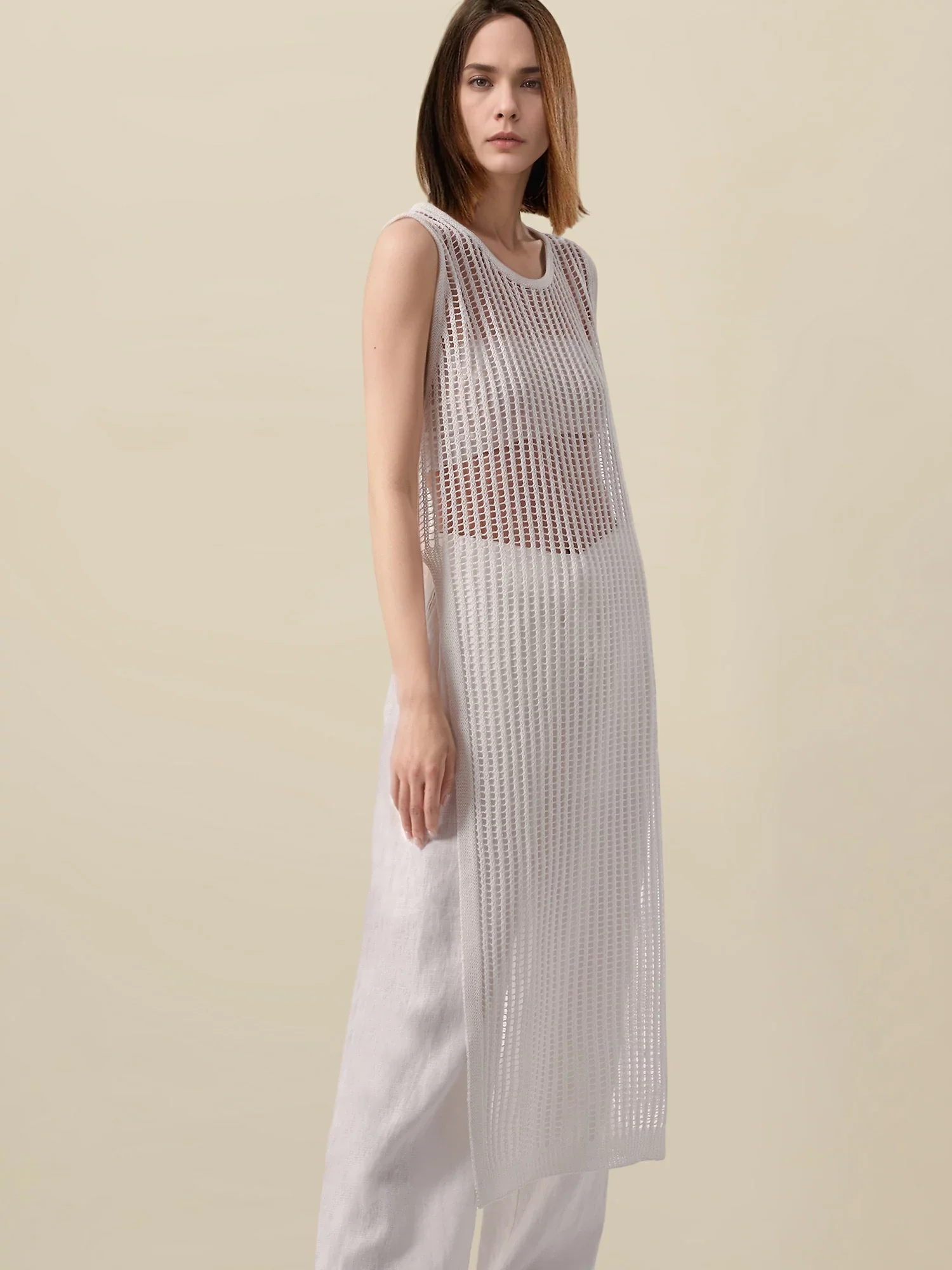 Lyocell Round Neck Sleeveless Cut-out Dress