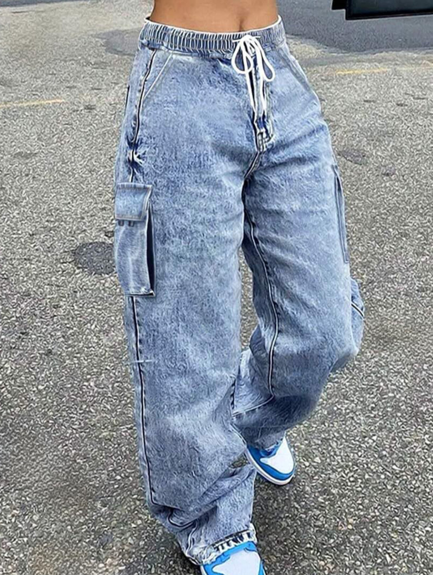 Women's elastic waistband drawstring jeans_CWJP00874