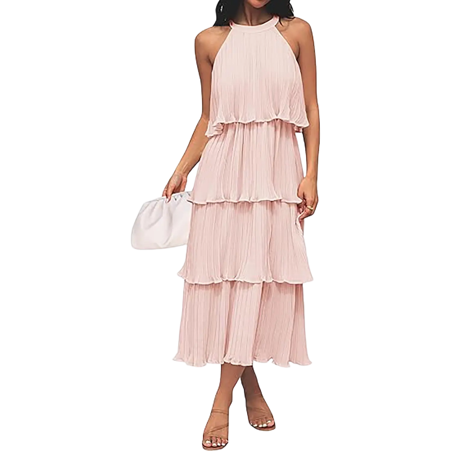 ✨Women's 2026 Summer Sleeveless Halter Neck Ruffle Tiered Layed Chiffon Flowy Swing Long Midi Dress