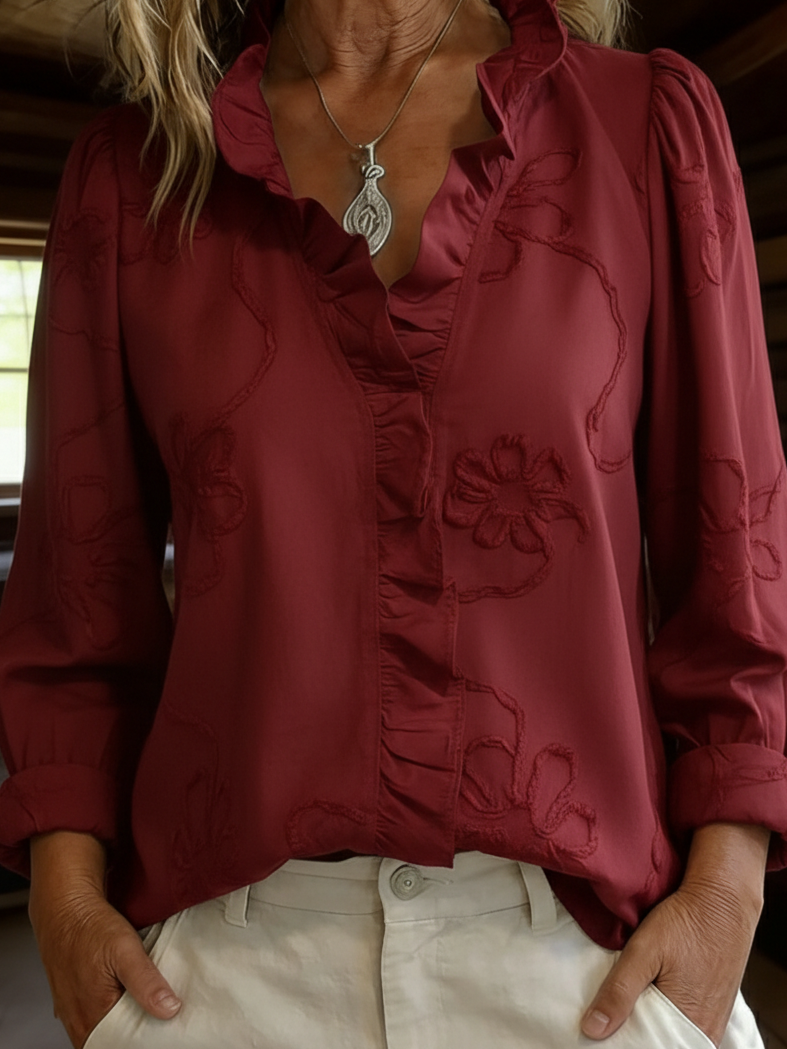 Elegant Ruffled Collar Embroidered Floral Shirt