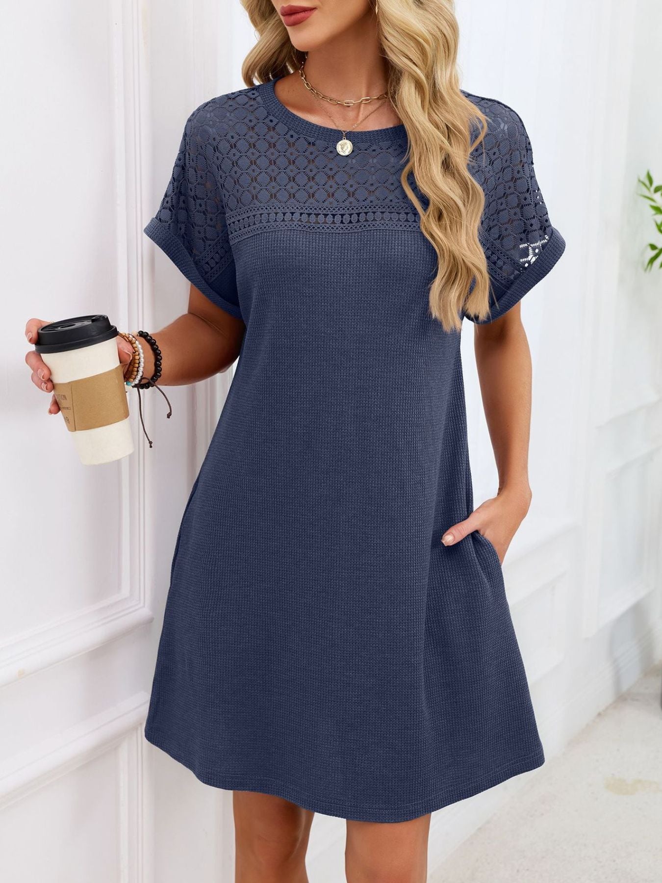 Lace Round Neck Short Sleeve T-Shirt Dress