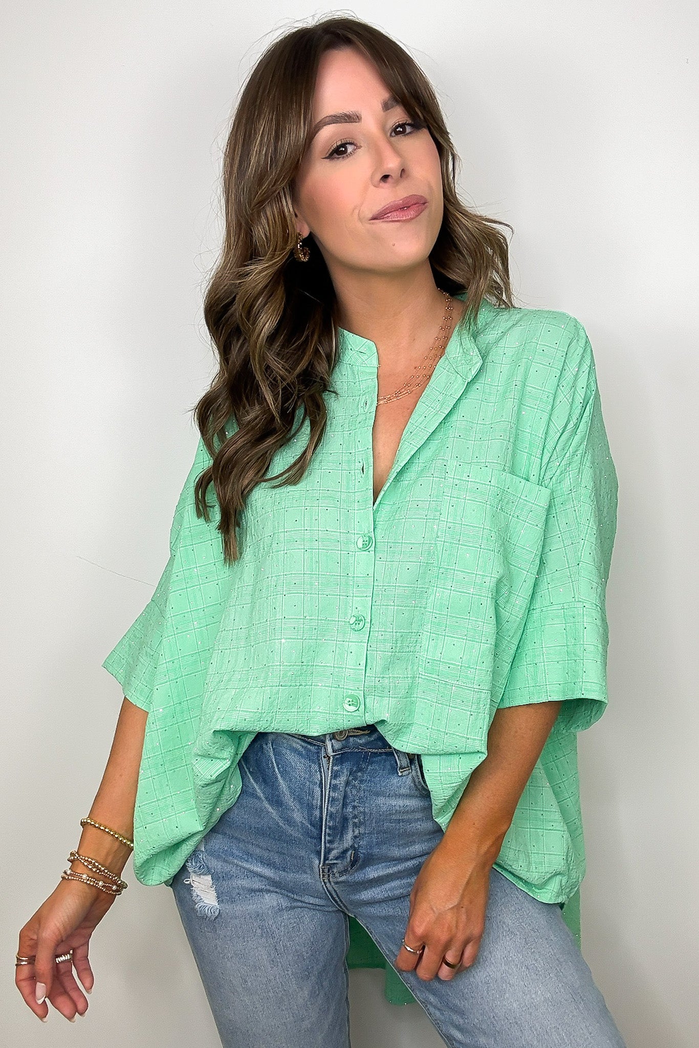 Rhinestone Embellished Button Down Top