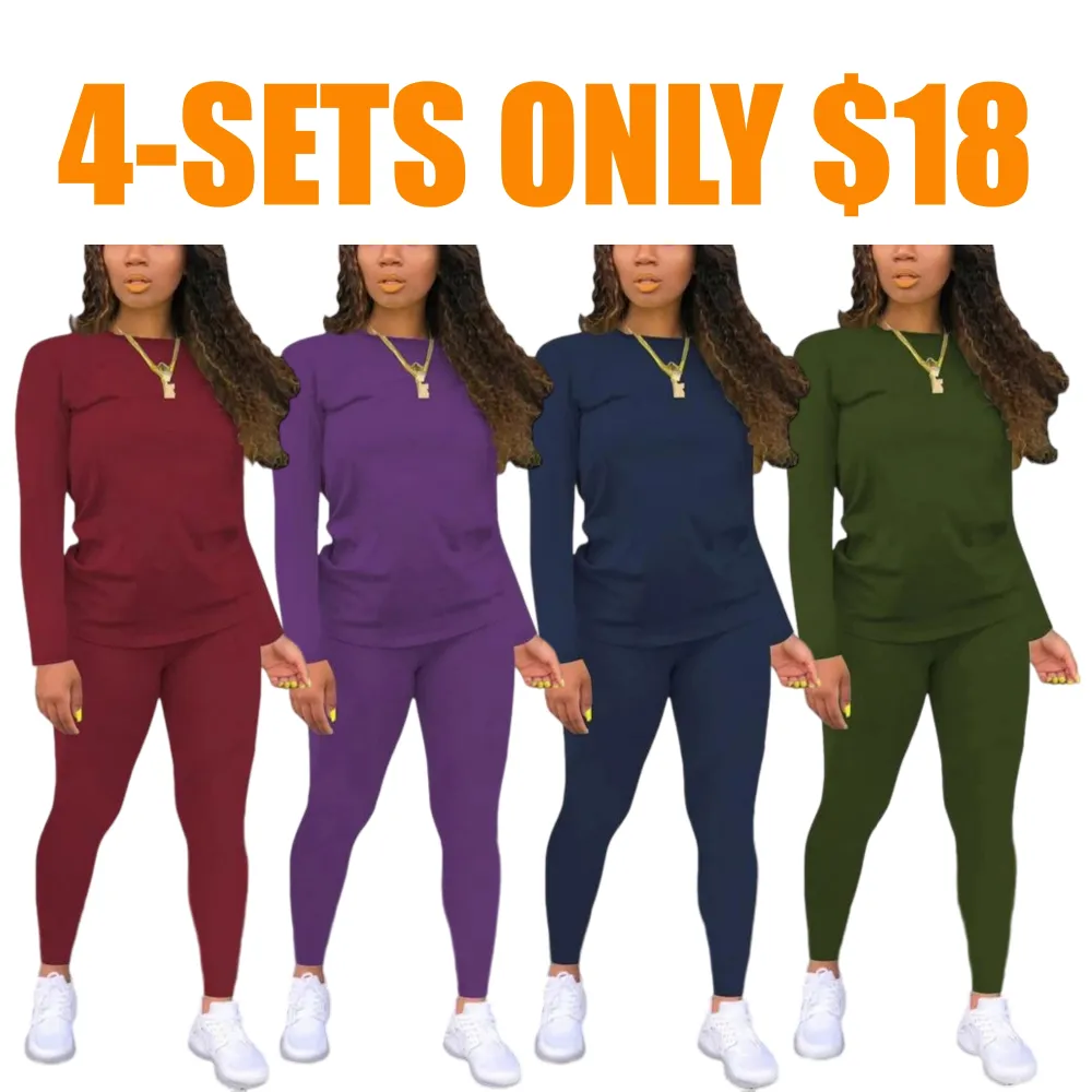 Women's Minimalist Chic Solid Long Sleeve Tee & Elastic Waist Pants Set