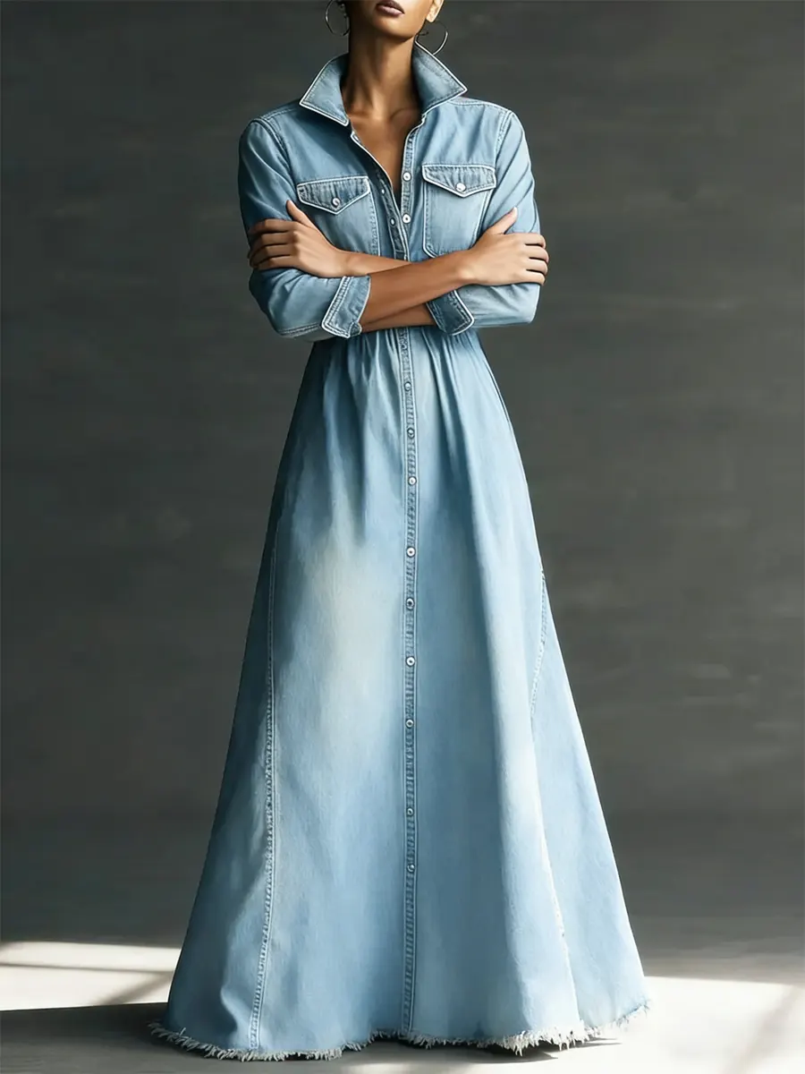 Women Stylish Art Stand Collar Washed Denim Midi Dress