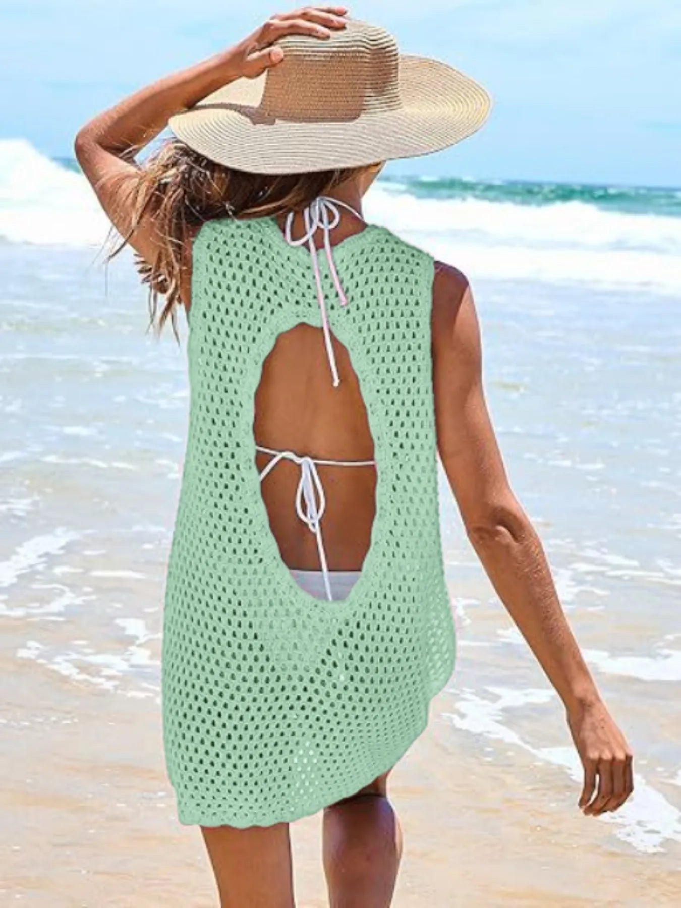 Color Block Openwork Sleeveless Cutout Back Cover-Up Mini Dress