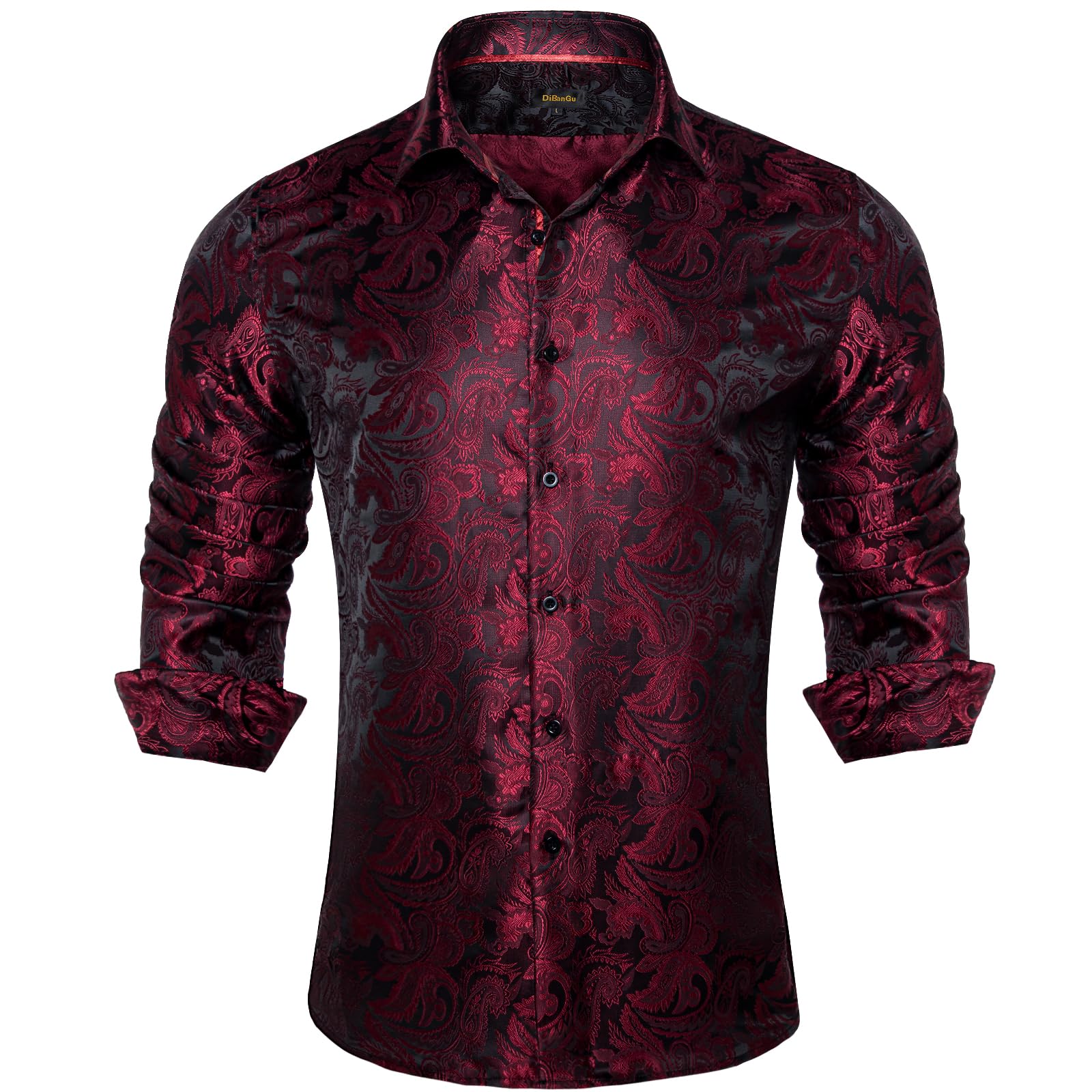 Men's Paisley Dress Shirt Long Sleeve Wrinkle Free Button Down Cowboy Shirts - Black&burgundy&paisley