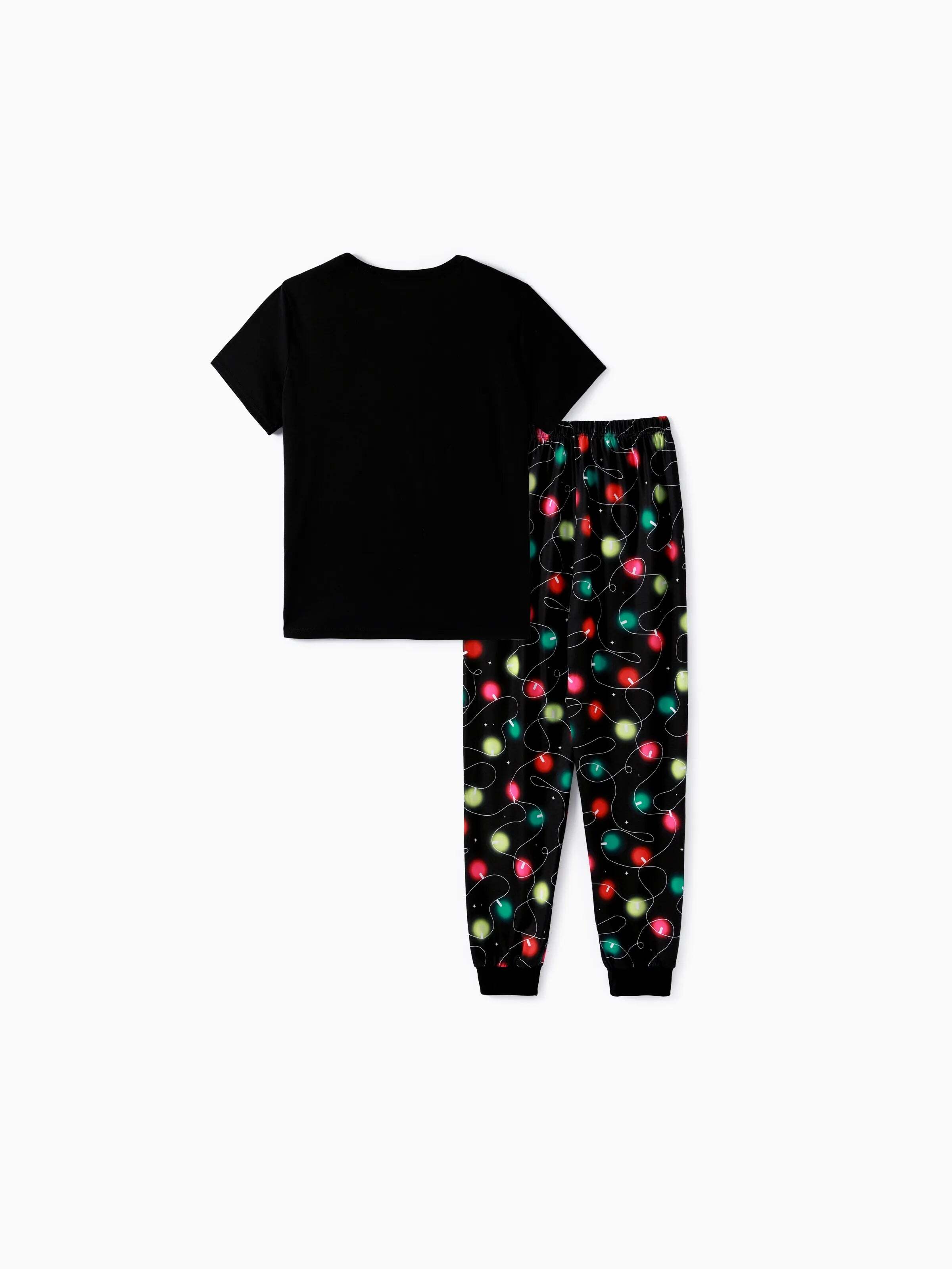 Christmas Family Matching Letters&Festive light bulb Print Short-sleeve Pajamas Sets Black