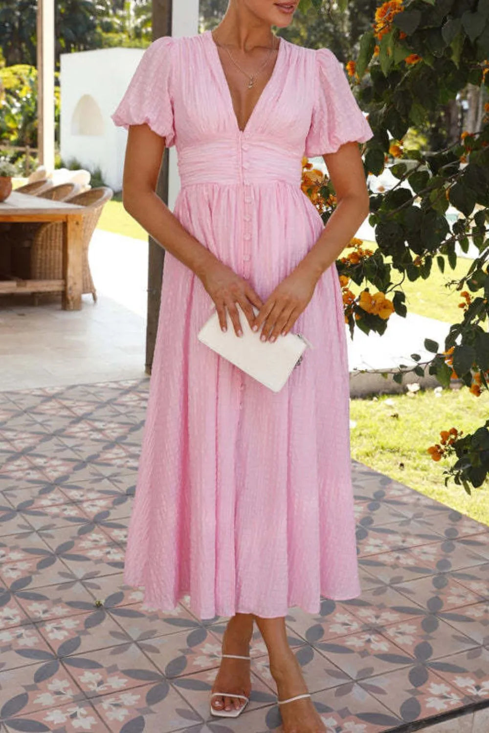 V-Neck Puff Short Sleeve Midi Dress