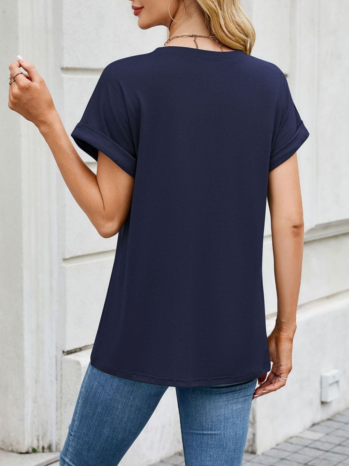 Casual Rolled Sleeve Solid Color T-Shirt