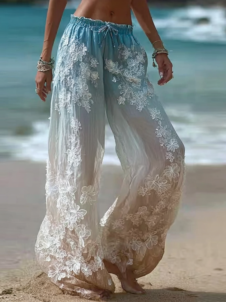 Bohemian Style Plant Flower Gradient Color Casual Long Pants