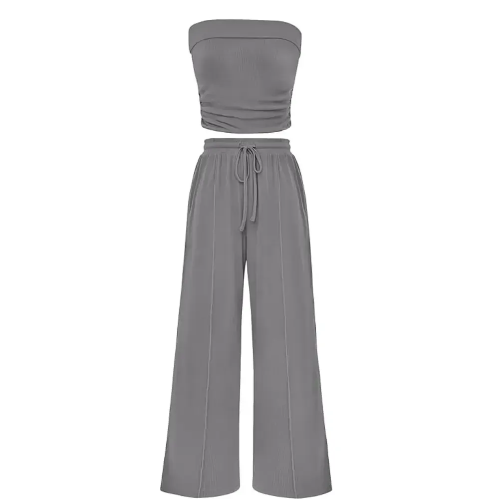 Womens Summer Outfits 2 Piece Sets Casual Ribbed Knit Crop Tube Top Wide Leg Pants