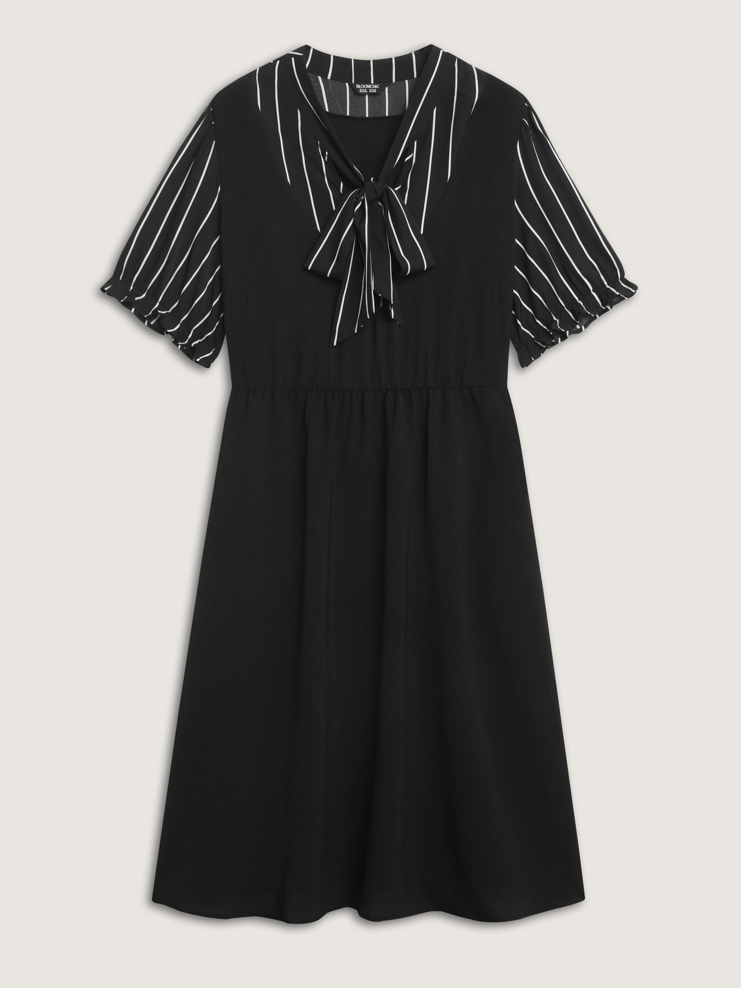 Striped Ribbon Neckline Contrast Midi Dress