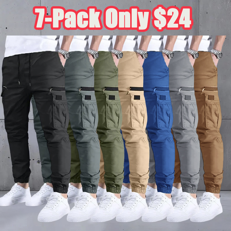 Men’s long cargo pants with a drawstring waist and multiple pockets