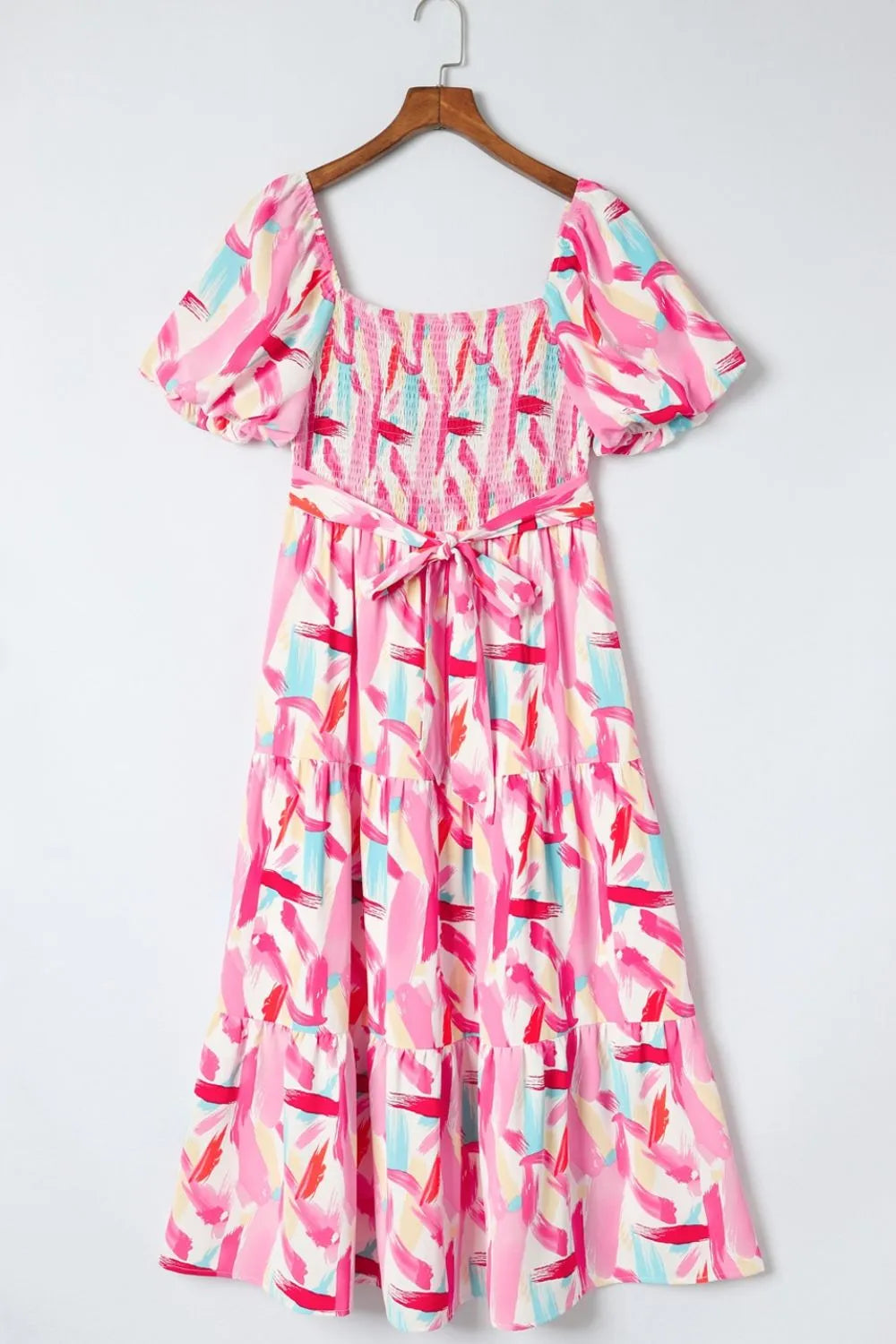 Geometric Print Puff Sleeve Square Neck Midi Dress
