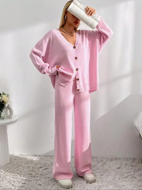 Women’s Knit Cardigan & Wide-Leg Pants Set