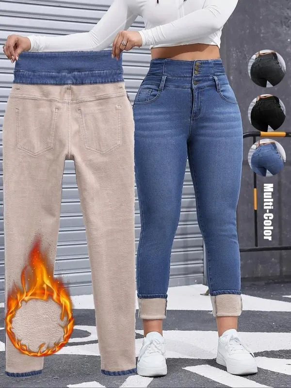 Women's High Elasticity Fleece Lined Thick Denim Jeans