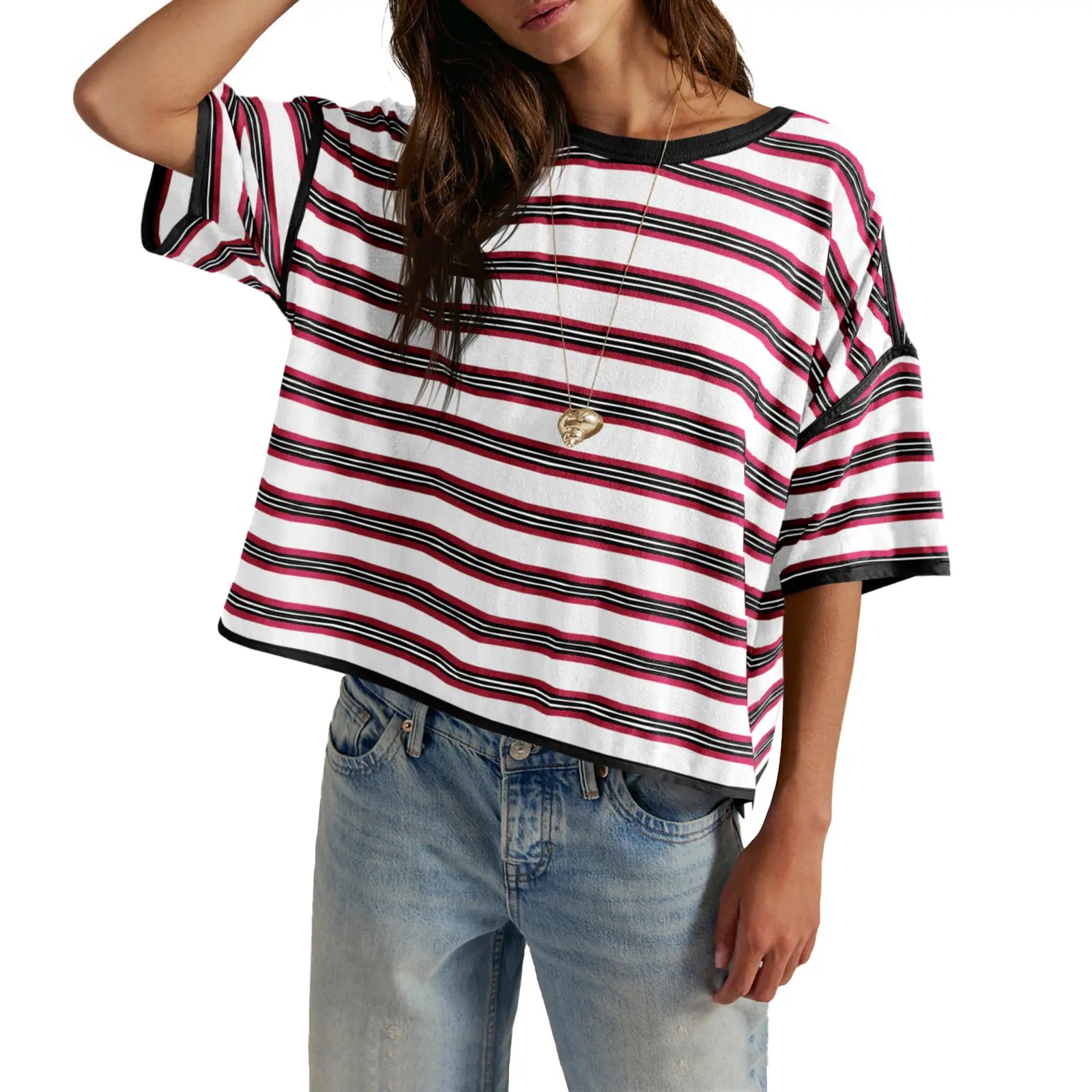🎨🎨🎨Women's Striped Oversized Crewneck T-Shirt