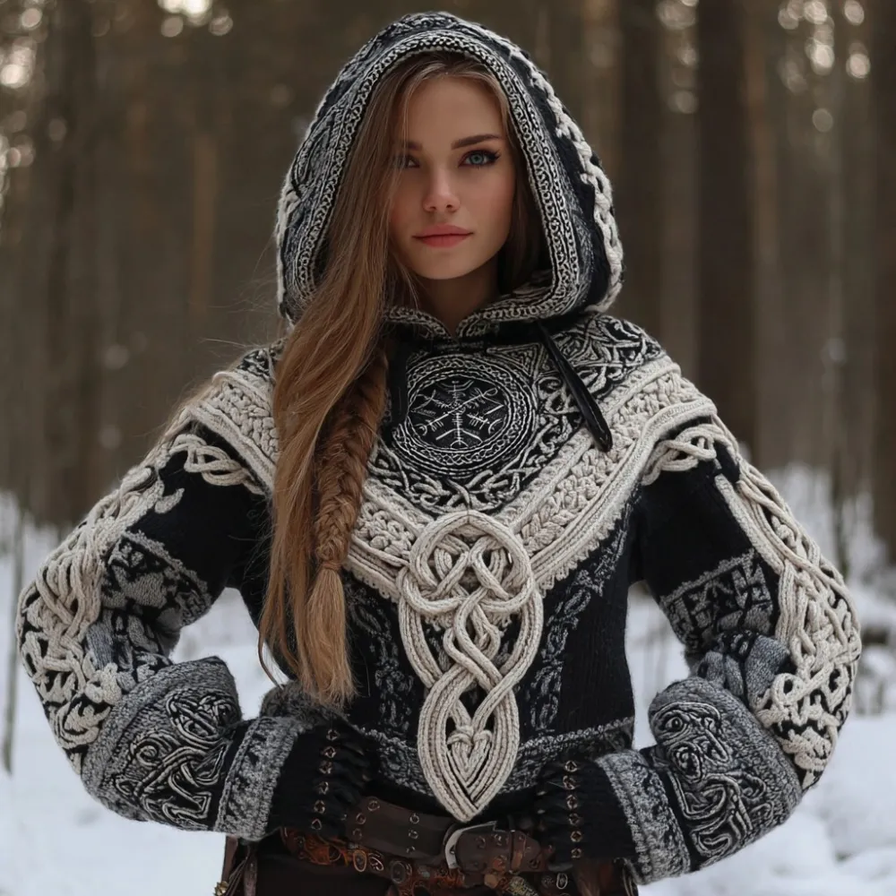 Women's Viking Celtic Knot Vegvisir Rune Knit Hooded Sweater