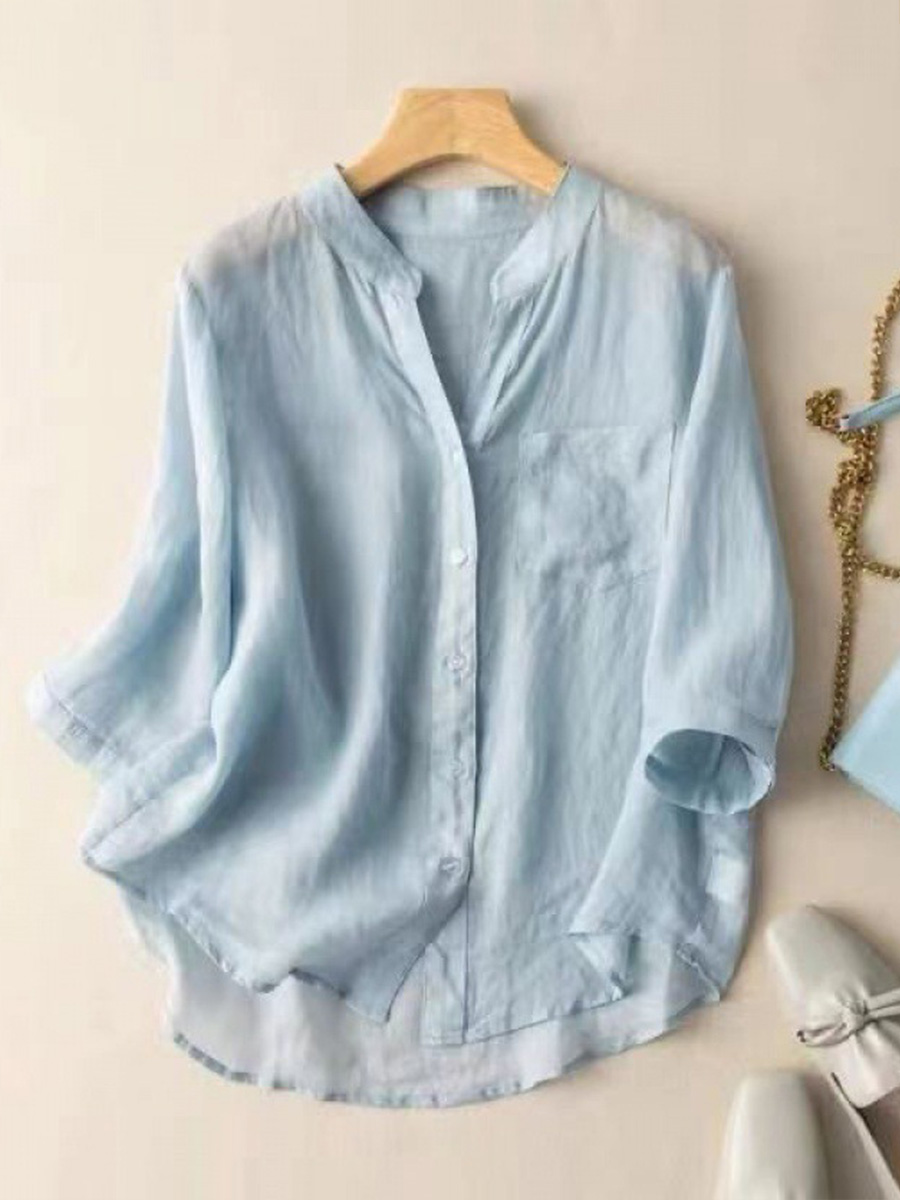 Women's V-neck Solid Color 3/4 Sleeve Casual Linen Cardigan Shirt