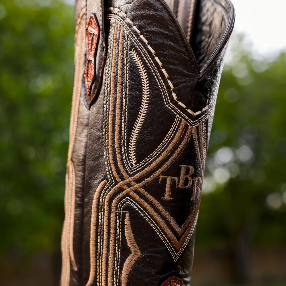 Cognac Caiman Neck Leather Boots - Square Toe