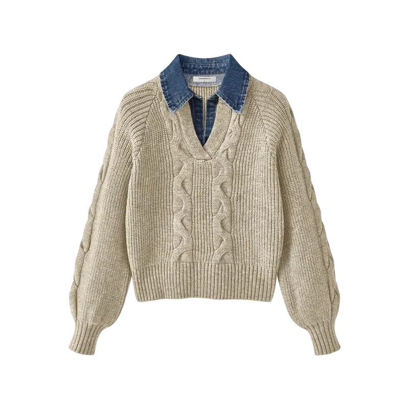 Denim Panel Ribbed Lapel Sweater