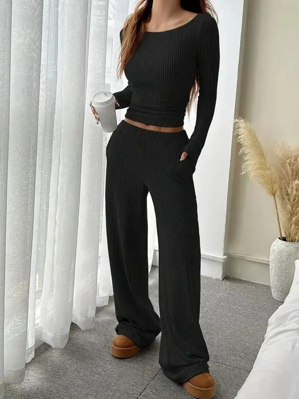 Women's Casual Striped Long Sleeve Top & Loose Pocket Pants Set