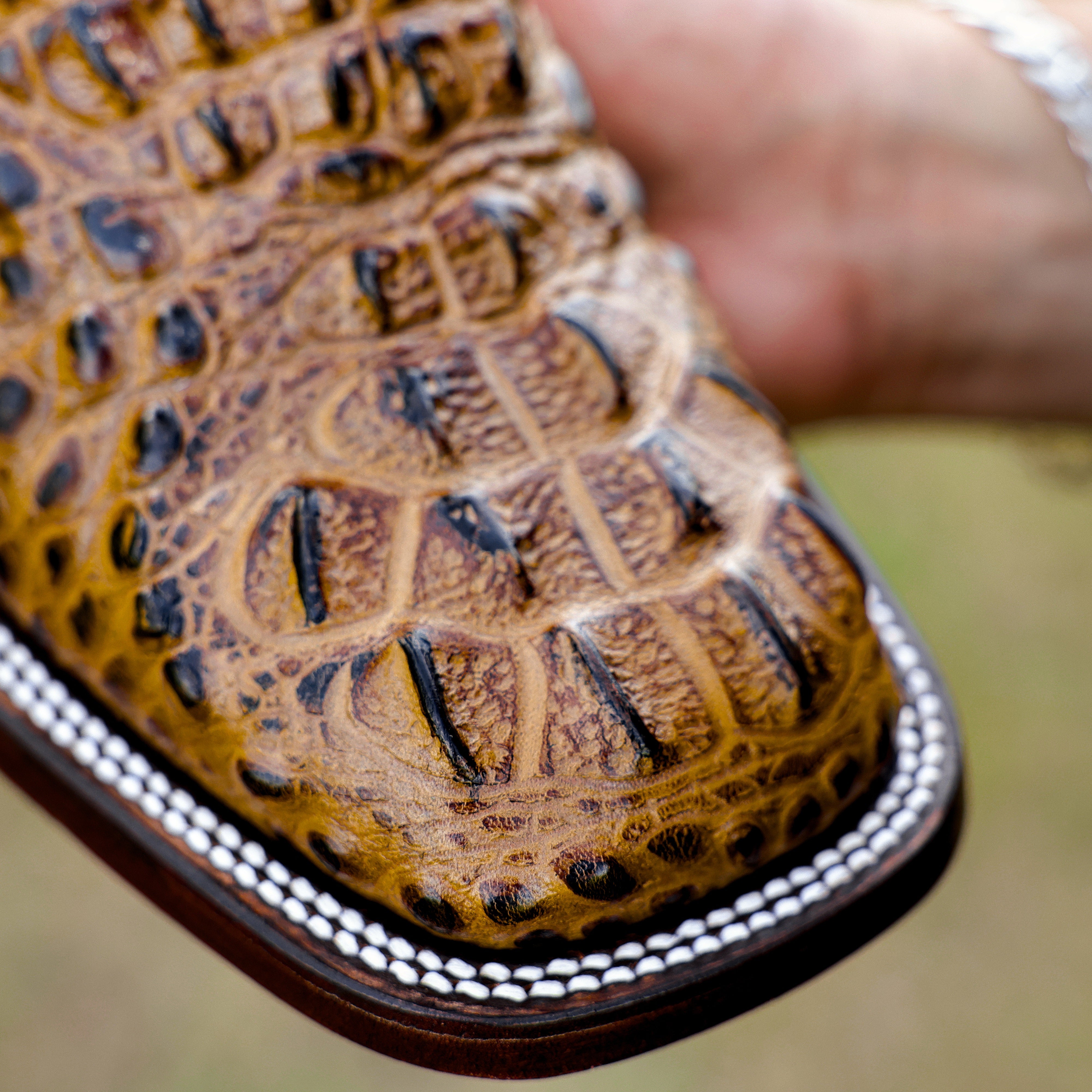 Honey Caiman Neck Leather Boots - Square Toe