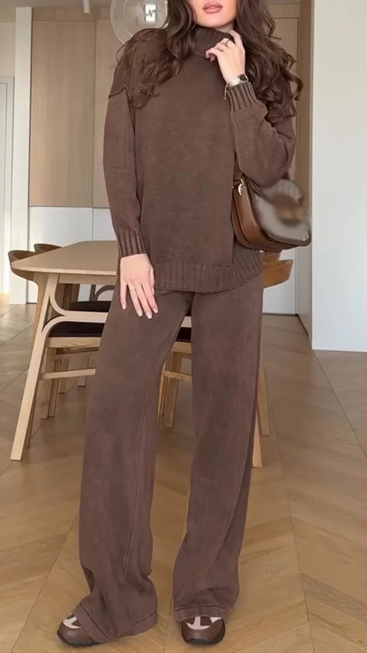 Women Turtleneck Sweater + Pants Solid Color Casual Suit