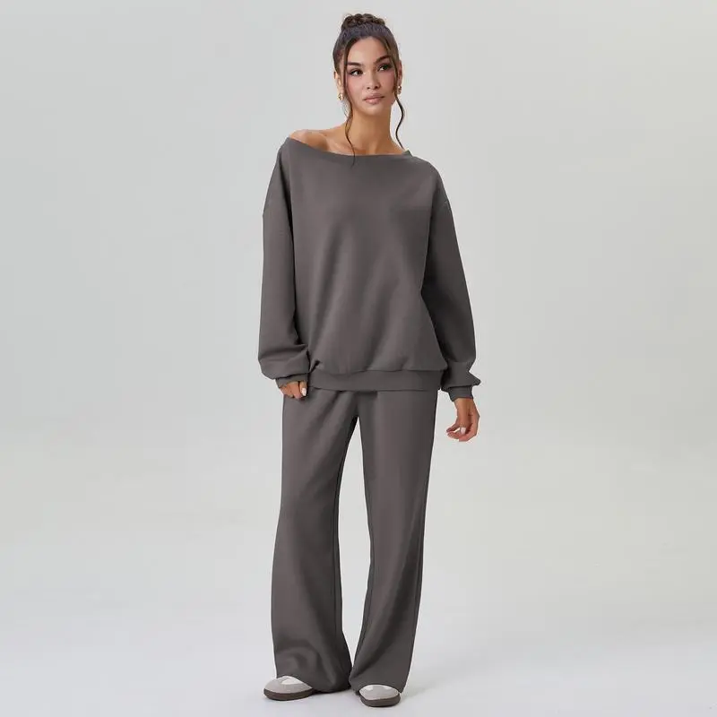 Women's Leisure Solid Color Sloping Shoulder Long Sleeve Top & Wide-Leg Trousers Set
