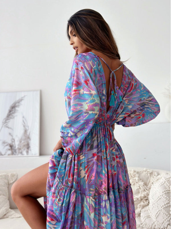 Sexy Deep V Multi-Color Printed Slit Dress With Three-Quarter Sleeves