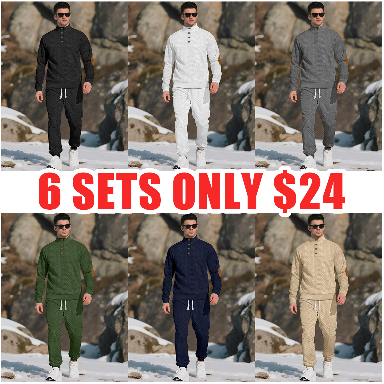 Mens Knitted Half-Placket Sweatshirt with Contrast Elbow Patches