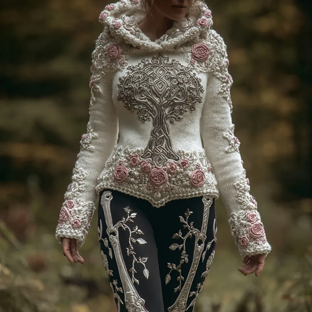 Woman Viking Tree Of Life And Pink Rose Warm Hooded Sweater