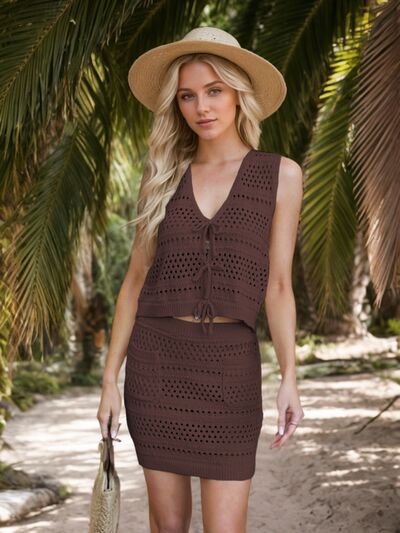 Openwork V-Neck Top And Skirt Knit Cover Up Set