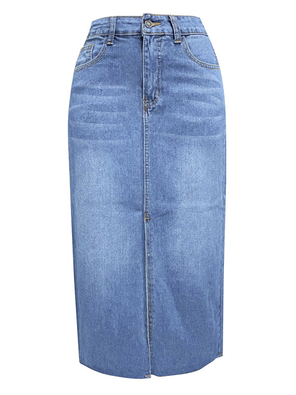 Front Slit Denim High Waist A Line Midi Skirt