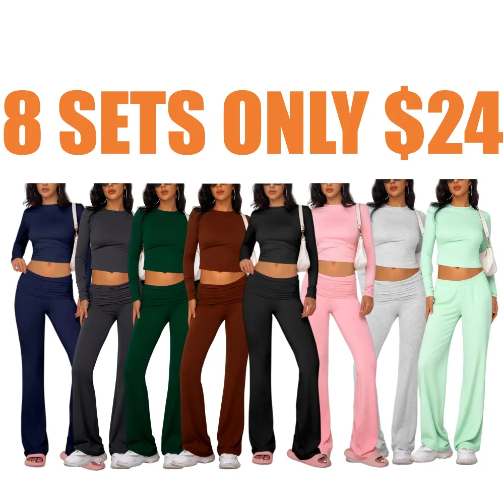 Casual Longsleeves Crop Tee & Fold Over Waist Flare Leg Pants Set