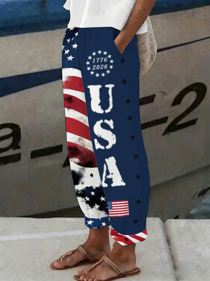 Women'S Casual American Independence Day 250Th Anniversary Printed Casual Button Design Pants