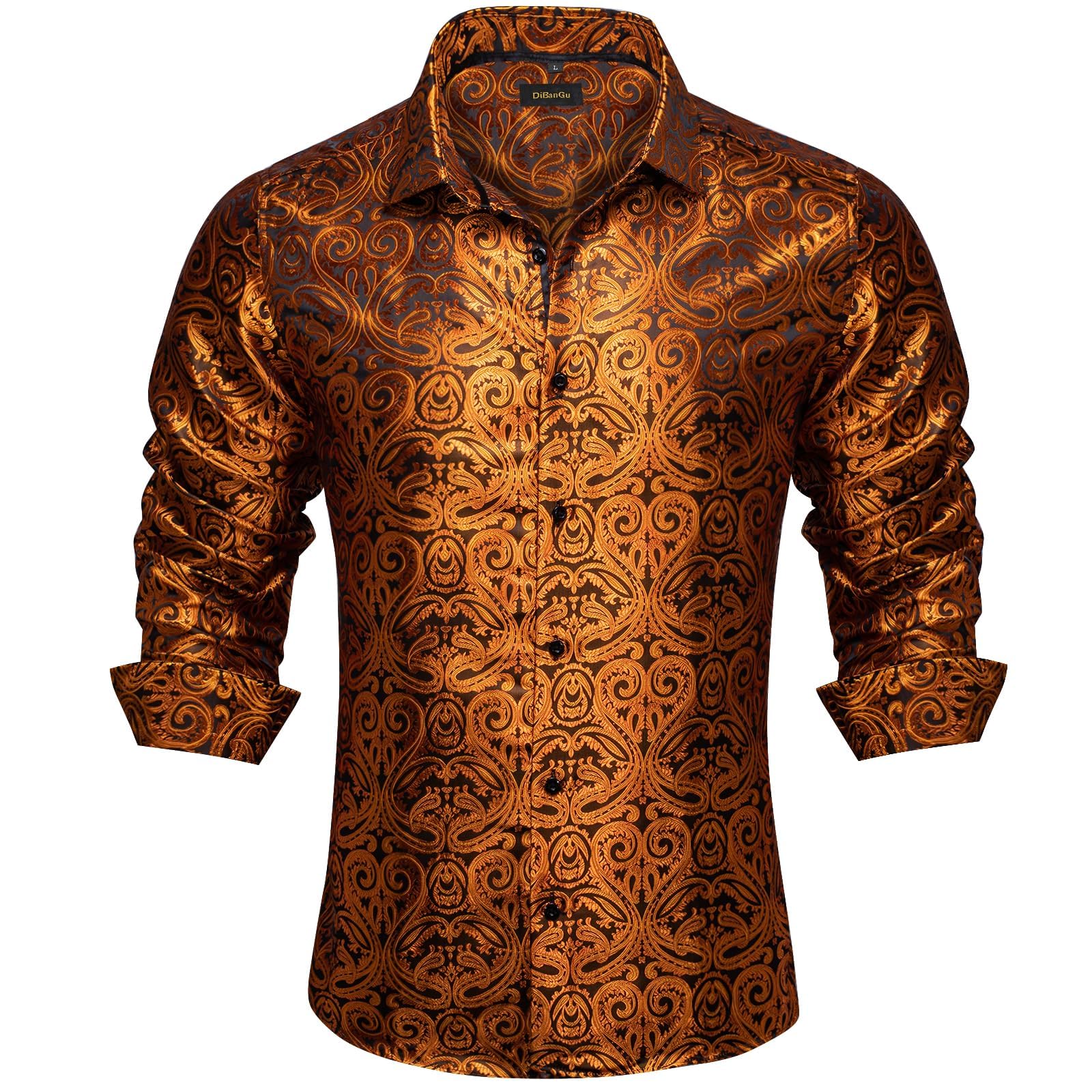 Men's Paisley Dress Shirt Long Sleeve Wrinkle Free Button Down Cowboy Shirts - Burnt Orange&paisley