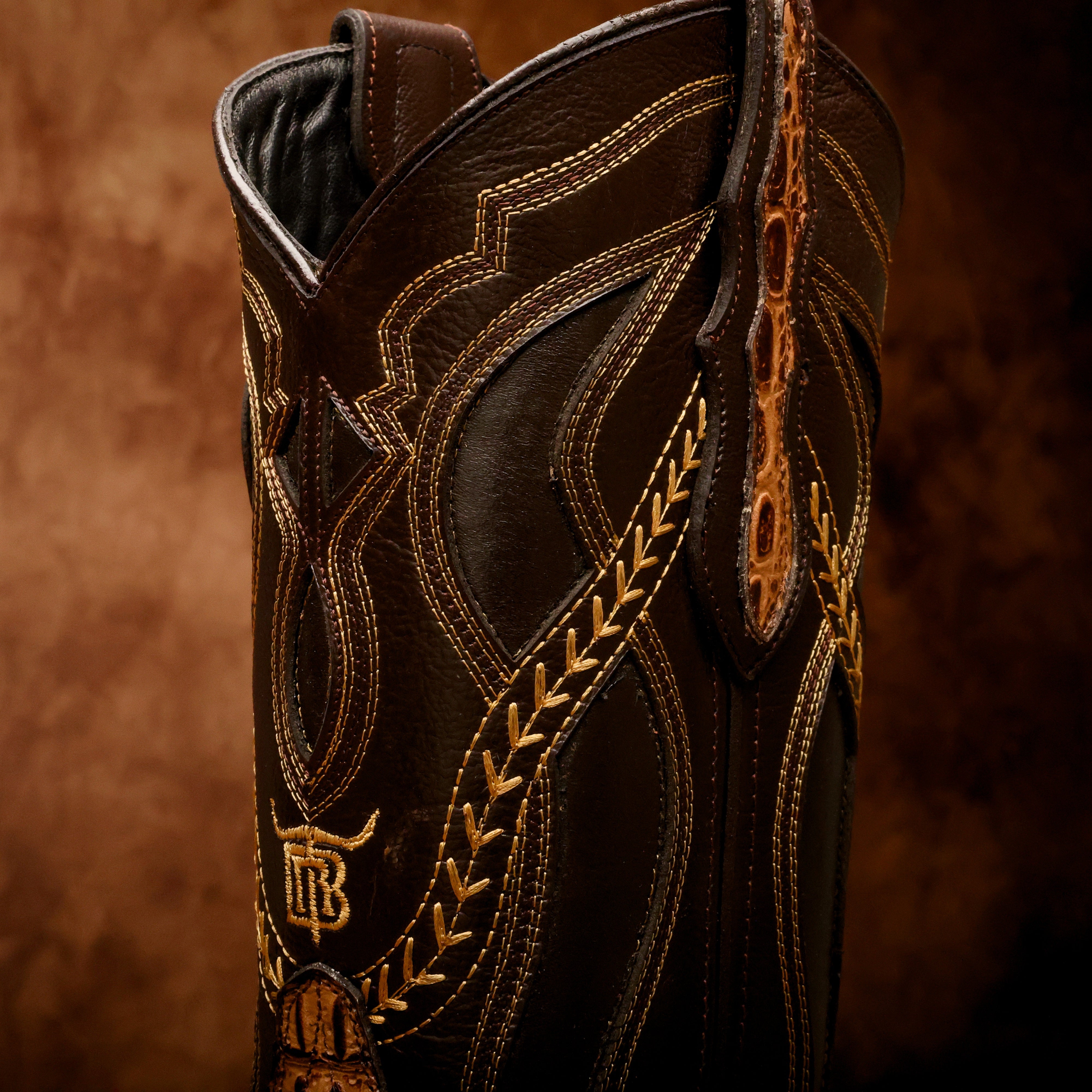 Honey Caiman Hornback Leather Boots - Square Toe