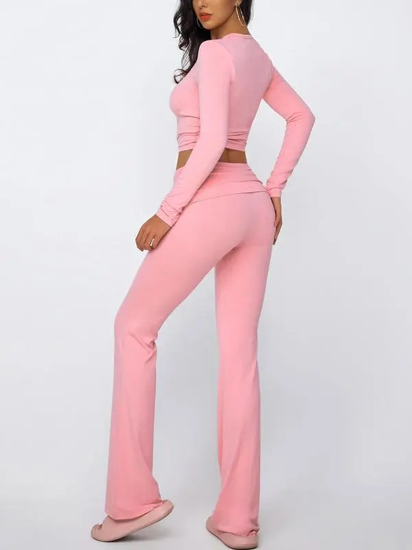 Casual Longsleeves Crop Tee & Fold Over Waist Flare Leg Pants Set