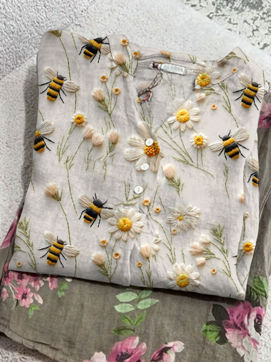 Women's Vintage Flower Bee Art Print Casual Cotton And Linen  Shirt